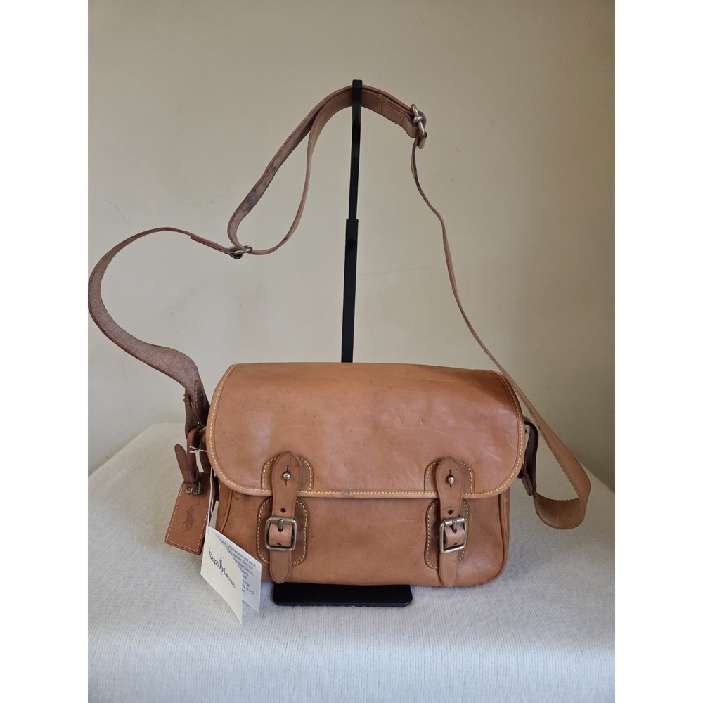 Vintage Polo Ralph Lauren Italian Leather Crossbody Saddle Bag Brass NWT Tan